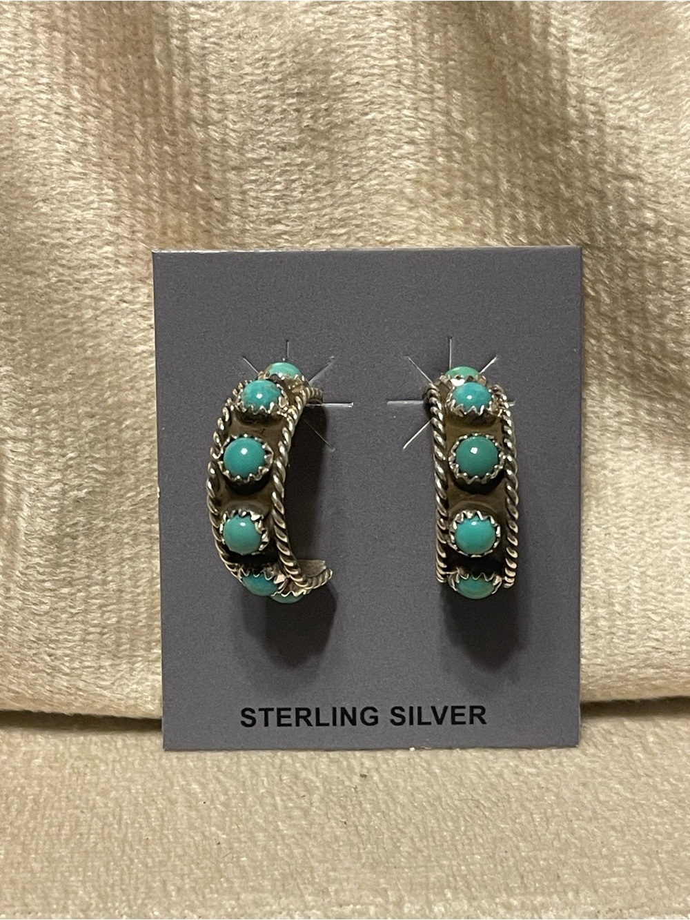 Native Made and Stamped “FY” Sterling Hoop Earrings with Kingman Turquoise